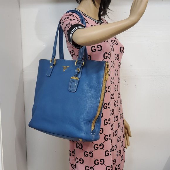 Auth Prada Large Blue Leather Tote Shoulder Bag - Picture 16 of 16